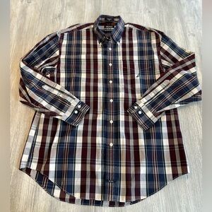 NAUTICA Men's 80's Two-ply Cotton Sport Shirt Plaid Pattern Red Blue White Large